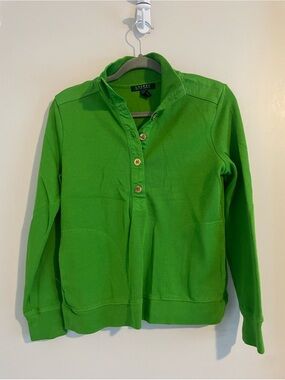 Lauren Ralph Lauren Green Ribbed Mock Neck Henley Top S Long Sleeve Gold Button